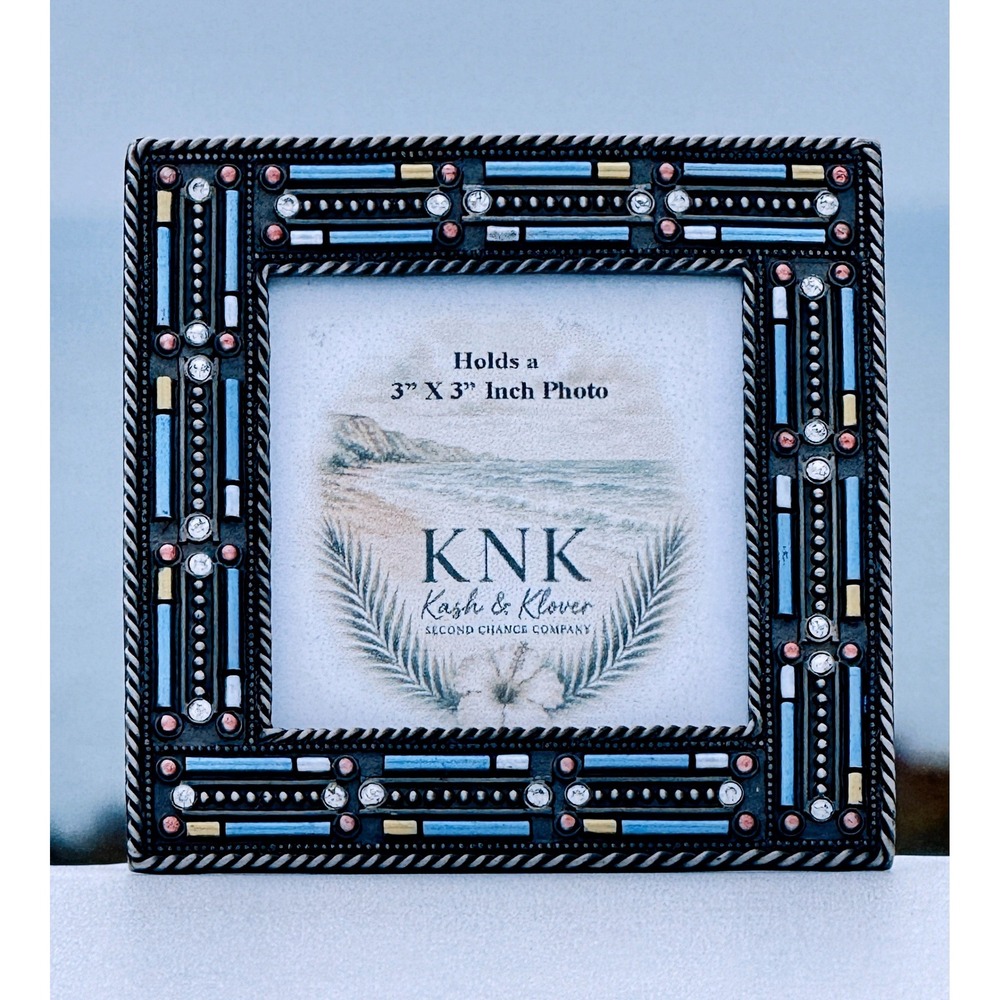 Picture Frame Mosaic Rhinestone  Unisex 3 by 3 Silver Blue Eclectic Coastal Glam
